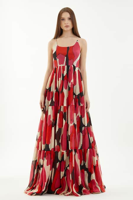 Koai_Multi Color Chiffon Abstract Round Flared Tiered Dress _Online_at_Aza_Fashions