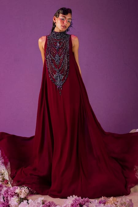 Buy Beet Red Cutdana Embroidered Lycra Indowestern Gown Online | Samyakk