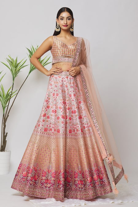 Samyukta Singhania Peach Blouse And Lehenga Pure Silk Embroidered Floral V Neck Hand Bridal Set 