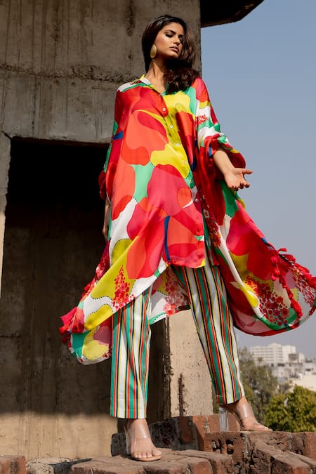 Pooja-Keyur Multi Color Kaftan Satin Bomber Print Abstract Collared Neck Long With Pant 