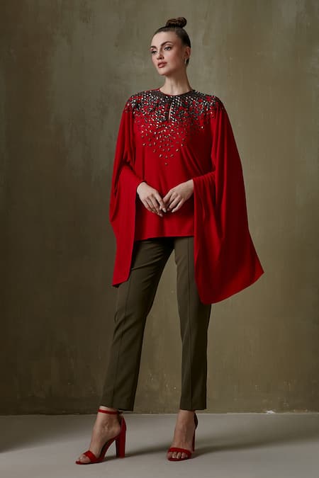 Buy Namrata Joshipura Red Jersey Triad Batwing Sleeve Cape Top at Aza Fashions Buy_Namrata Joshipura_Red Jersey Triad Batwing Sleeve Cape Top_at_Aza_Fashions