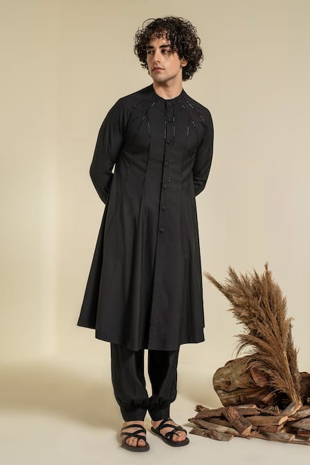 Black Woven Design Thread Work & Zari Straight Kurta & Trousers With D–  Inddus.in