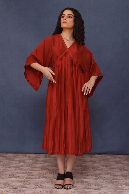 Chokhi Chorri Red Silk Beads V-neck Azar Gathered Dress 
