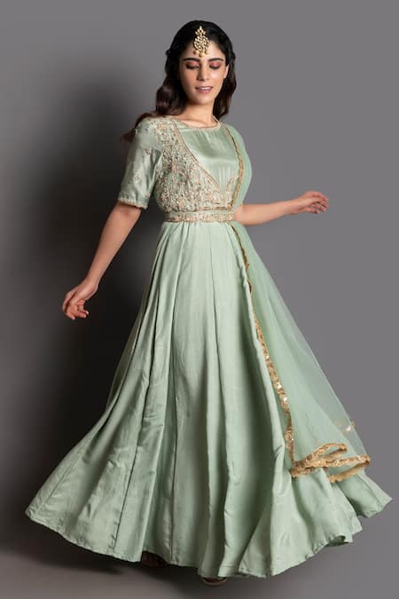 Kesar Studio Green Bamber Silk 80 Grams Embroidery Zari Anarkali With Dupatta For Women