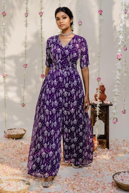 Redpine Designs Purple Viscose Georgette Printed Floral V Neck Jumpsuit 