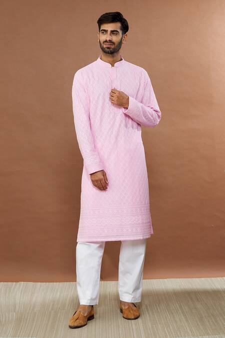 Aham-Vayam Pink Cotton Blend Embroidered Mughal Kurta And Pyjama Set 