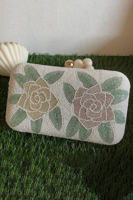 Kreivo By Vamanshi Damania Ivory Rosette Beads Embellished Clutch 