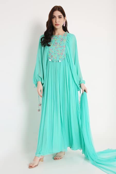 Bha Sha Blue Georgette, Net Embroidery Round Neck Anita Yoke Anarkali With Dupatta 