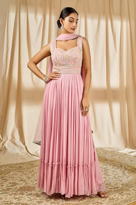 Alaya Advani Peach Anarkali  Chanderi Hand Embroidered Beads Sweetheart Neck Sharara Set 