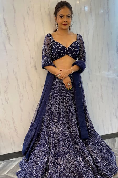 Pallavi Poddar Blue Net Beads, Sequins Sweetheart Neck Midnight Embroidered Lehenga Set 
