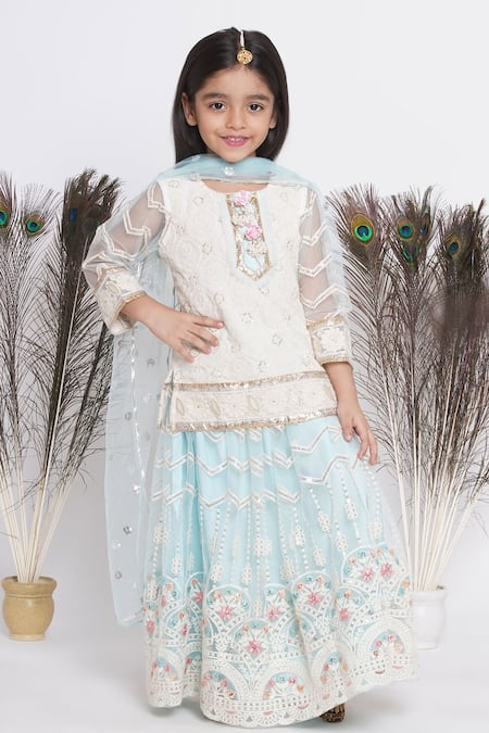 Buy Little Bansi Blue Cotton, Net Gota Patti, Pearls Embroidered Chevron Lehenga Set at Aza Fashions Buy_Little Bansi_Blue Cotton, Net Gota Patti, Pearls Embroidered Chevron Lehenga Set _at_Aza_Fashions