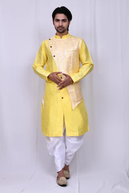 Arihant Rai Sinha Yellow Art Silk Woven Floral Jacquard Panelled Kurta And Cowl Pant Set