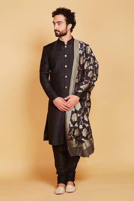 Amrin khan Black Sherwani Raw Silk Band Collar Set