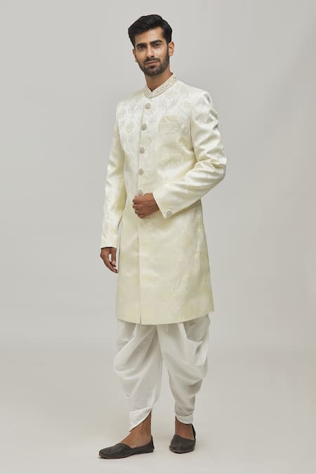 Arihant Rai Sinha Cream Jaquard And Art Silk Floral Motifs Sherwani Set 