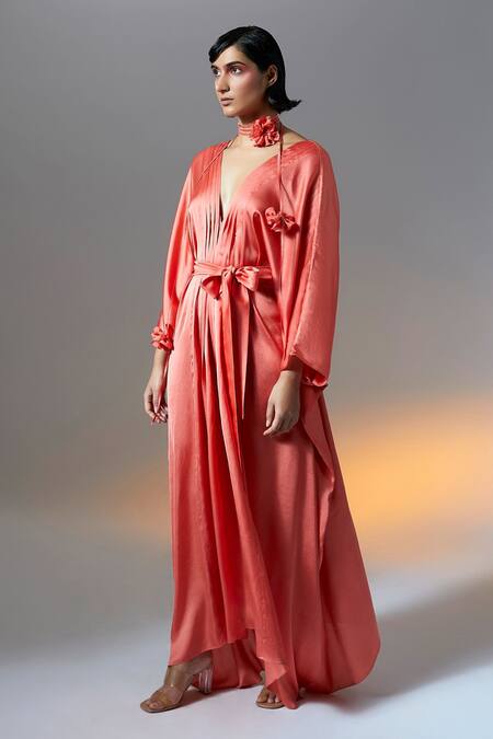 Buy Peach Plain Deep V Neck Rosy Clouds Kaftan Dress For Women by Aroka ...