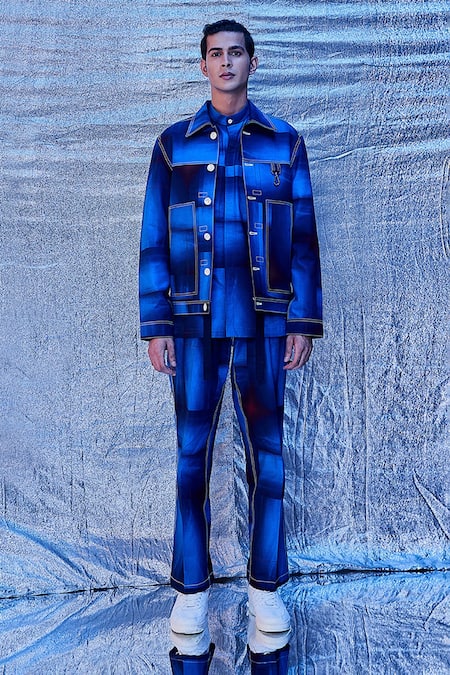 Line Out Line Blue Cotton Printed And Embroidered Haze & Thread Stitch Work Bomber Jacket