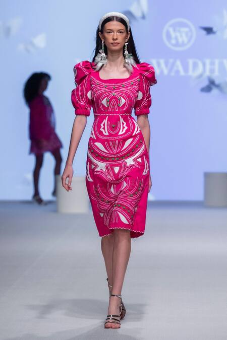 Shop Vidhi Wadhwani Pink Cotton Embroidery Square Neck Pari Cutwork Shift Dress at Aza Fashions Shop_Vidhi Wadhwani_Pink Cotton Embroidery Square Neck Pari Cutwork Shift Dress _at_Aza_Fashions