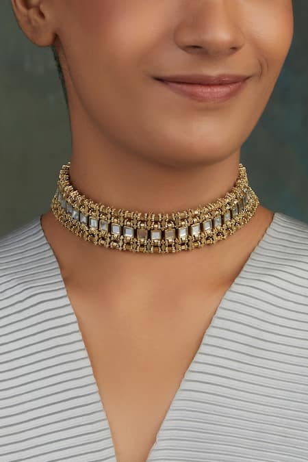 House Of Tuhina Mirror Studded Teer Choker 