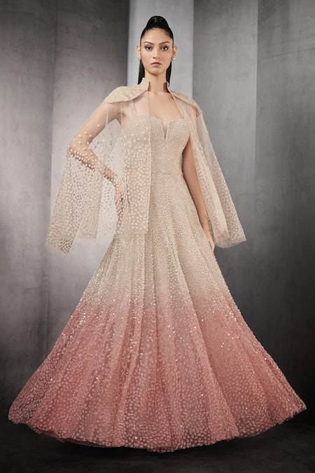 Rohit Gandhi + Rahul Khanna Pink Tulle, Linen Sequins Astral Ombre Embellished Gown With Sheer Cape 