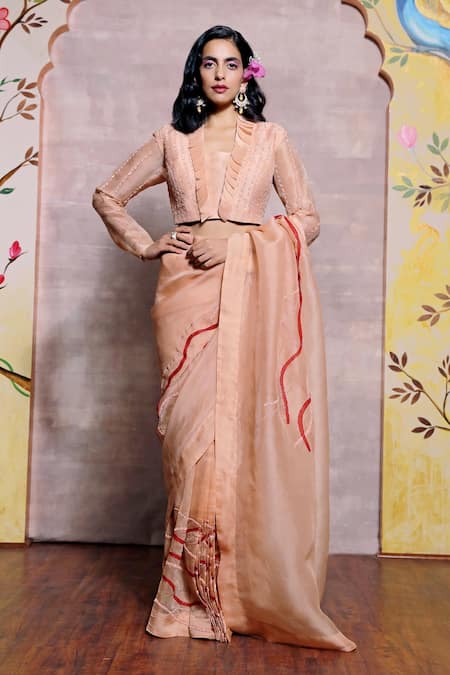 Shilpi Gupta Peach Organza Embroidery Resham Work Pleated Saree With Blouse 