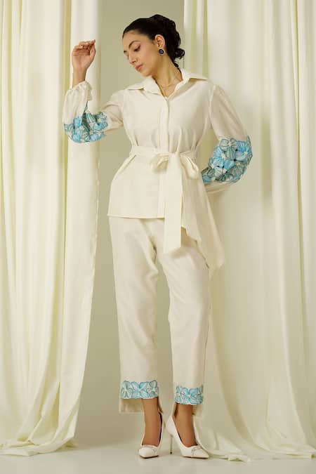 Sakshi Khetterpal Ivory Chanderi Pearls, Beads, Embroidery Collared Sleeve Shirt And Pant Set