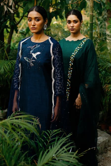 Label Shristi Chetani_Blue Organza, Dola Silk Round Hand Embroidered Kurta Set _Online_at_Aza_Fashions