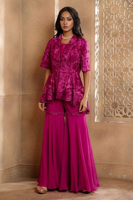 OMANA BY RANJANA BOTHRA Collin Dori Embroidered Peplum Jacket Gharara Set 