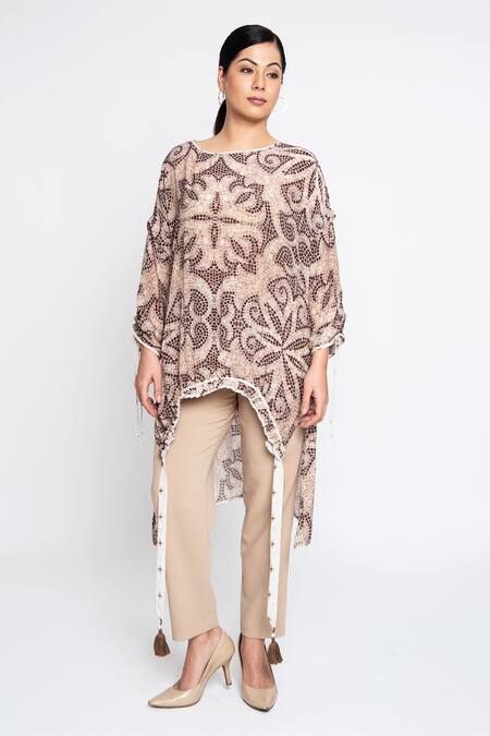 Anmol Kakad Beige Crepe Embroidery Round Neck Mosaic Pattern Asymmetric Top