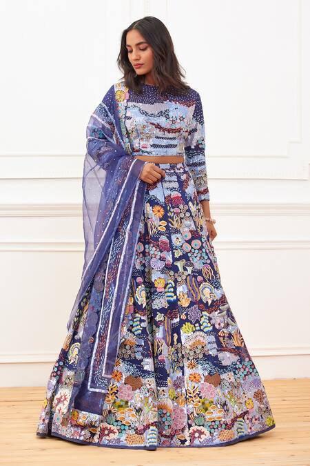 Rahul Mishra Blue Blouse And Lehenga - Silk Embroidery Sequin & Under Water 3d Hand Set 