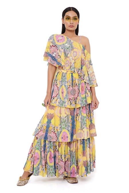 Payal Singhal Enchanted Print Cape & Frill Sharara Set 