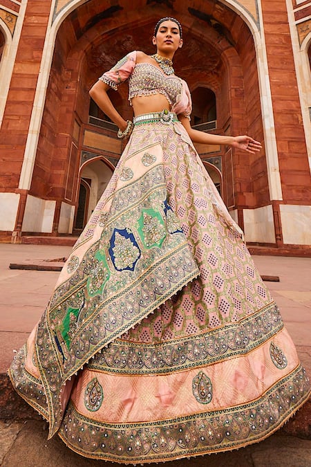 Aditi Gupta Pink Banarasi Woven And Embroidered Vintage Pattern Bridal Lehenga Set 