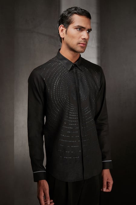 Rohit Gandhi + Rahul Khanna Black Linen Embroidered Leather Applique Work Shirt 