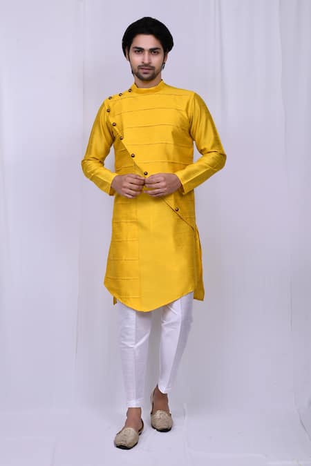 Arihant Rai Sinha Yellow Art Silk Plain Kite Hem Kurta And Pant Set