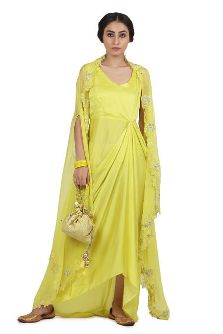 Seema Nanda_Yellow Organza, Chanderi Silk, Lining Cotton Mul Floral, Aruni Draped With_Online_at_Aza_Fashions