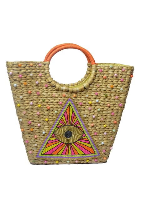 GINN AND TONIK Beige Beads Prism Evil Eye Woven Beach Bag 