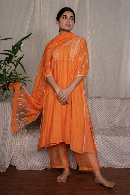 Pants and Pajamas Crayon Orange Chikankari Chanderi Kurta 