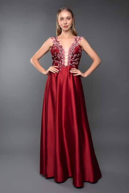 A-line V-neck Satin Long Cheap Red Prom Dresses with Pocket APD3101 –  SheerGirl
