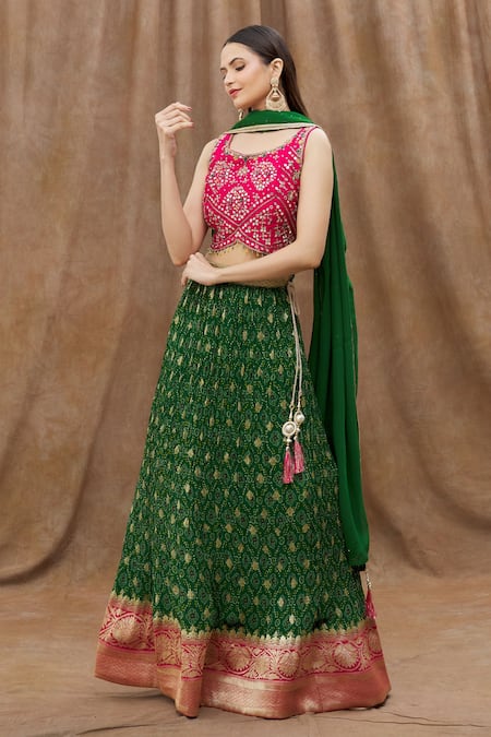 Green and pink embroidered georgette kurta with lehenga skirt set – Kasturi  Creations