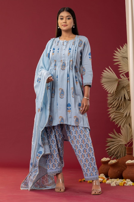 Buy Blue Bandhani Cambric Cotton Jumpsuit with Belt