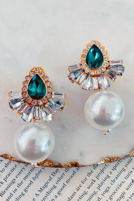 CZ earrings with 9mm emerald green stone and white pearl -