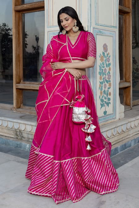 POMCHA JAIPUR Pink Cotton Silk Embroidered Lace V Neck Mimosa Lehenga Set 