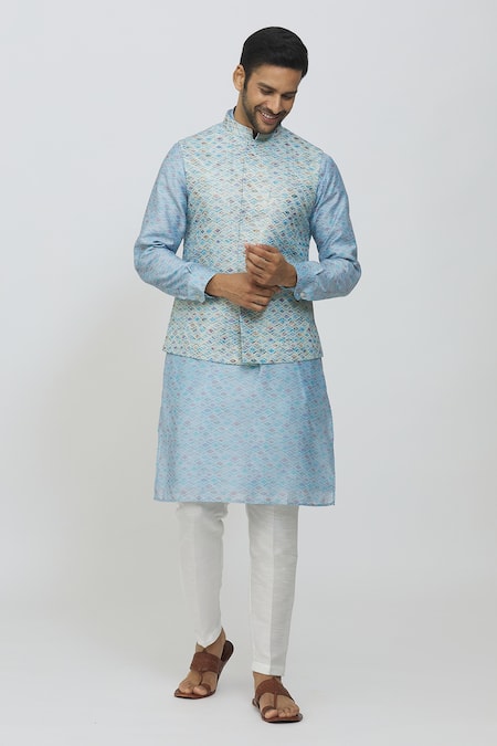 RNG Safawala Raw Silk Block Print Jacket With Kurta Set 