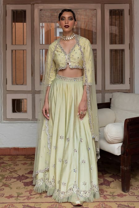 Buy Green Net Embroidery Sweetheart Neck Bridal Lehenga Set For Women by  Megha & Jigar Online at Aza Fashions.