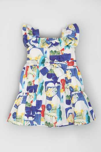 Buy LA Dee DA Multi Color Cotton Bows Abstract Print Dress at Aza Fashions Buy_LA Dee DA_Multi Color Cotton Bows Abstract Print Dress_at_Aza_Fashions