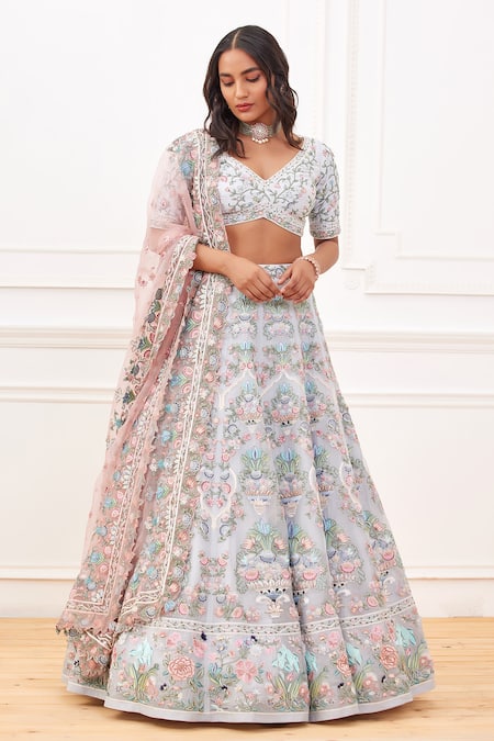 Powder Blue Truffle Decollage Hand Embroidered Lehenga Set Design by Rahul  Mishra at Pernia's Pop Up Shop 2024