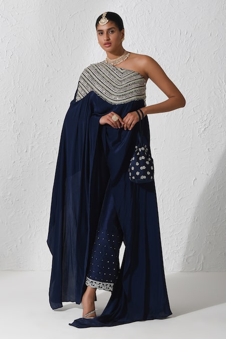 Rishi and Vibhuti Alora One Shoulder Cape & Wide Leg Pant Set 