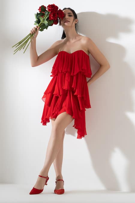 AMRTA by GUNEET KONDAL Red Shell 100% Viscose Georgette Ruffled Sweetheart Neck Tiered Short Dress