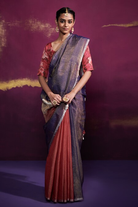 Dressfolk Blue Handloom Tissue Hand Woven Dual Shaded Saree 