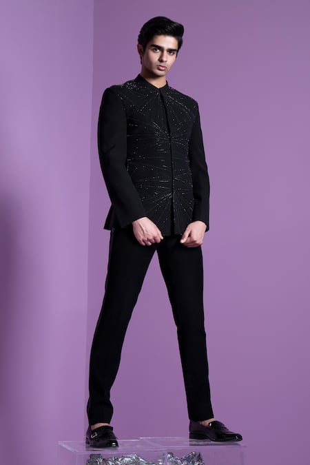 Contrast By Parth Black Cotton, Wool Crystals Dazzle Shadow Bandhgala With Pant 