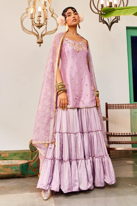 Mona and Vishu Embroidered Kurta Tiered Sharara Set 